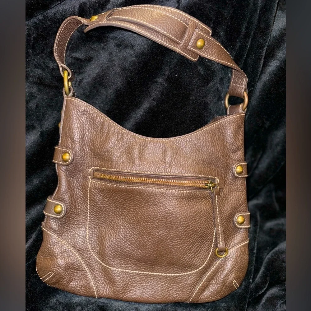 J. Crew Dk Brown Pebble Grain Leather Small Detailed Shoulder Bag